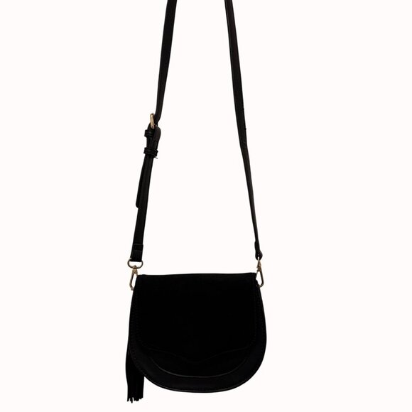 Moda Luxe Black Crossbody Bag Faux Suede Vegan Leather Tassel Accent Adjustable - Picture 15 of 16